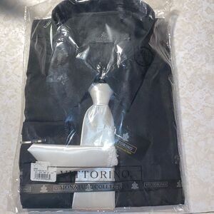 Men’s long sleeve black shirt with cream color tie and handkerchief